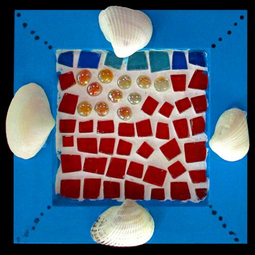 Rainbow mosaic with shells on blue frame